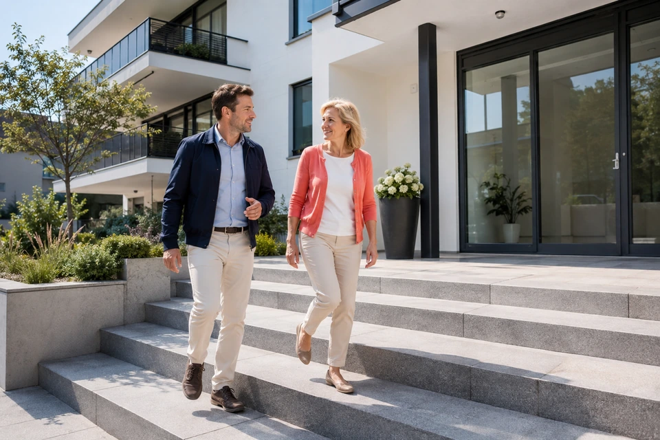 Symbolischer gemeinsamer Weg über die Außentreppe eines österreichischen Wohnhauses